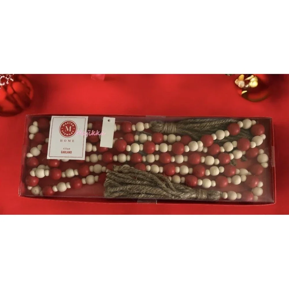 Martha Stewart Christmas Garland Red Wooden Beads Jute Tassels 6 Feet Long